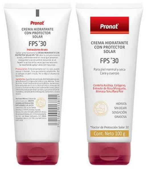 CREMA HIDRATANTE CON PROTECTOR SOLAR FPS30100 GR PARA PIEL NORMAL PRONAT